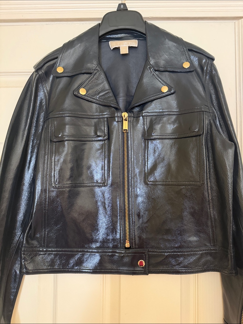 Michael Kors patent navy Leather Zip-Front Jacket with Gold Hardware size 8